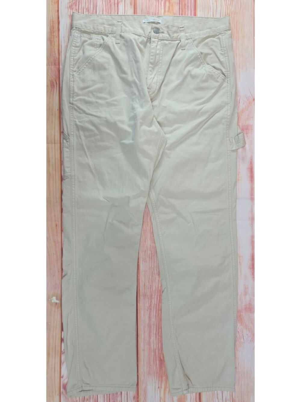 Lucky Brand Mens Beige Utility Carpenter Pants 36x32 Cotton Durable Workwear